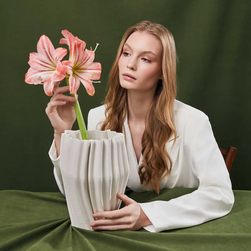 Flower vase, 26 cm, ceramic, milky, Textured lines, Crumple, image-5