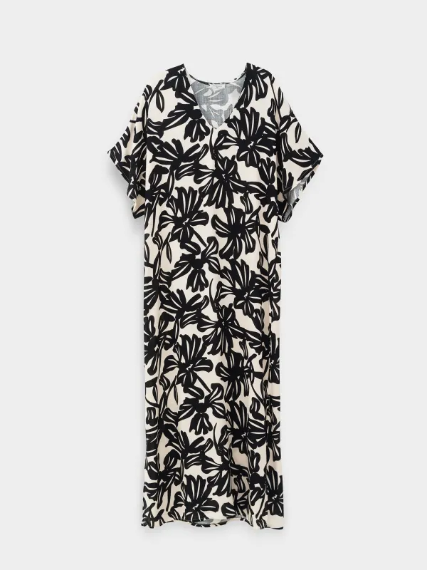 Women's dress, maxi, size S, with short sleeves, viscose, beige-black, Flowers, Almi, image-8