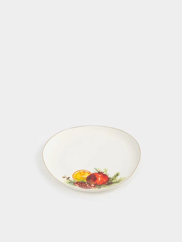 Snack plate, 21 cm, porcelain N, white, with golden edging, Pomegranates and orange, Christmas miracle, image-2