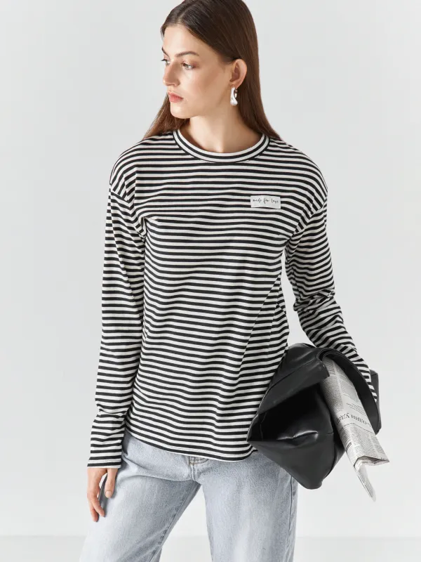 Women's longsleeve, R. L, cotton / elastane, black and white, Stripes, Ninel, image-0