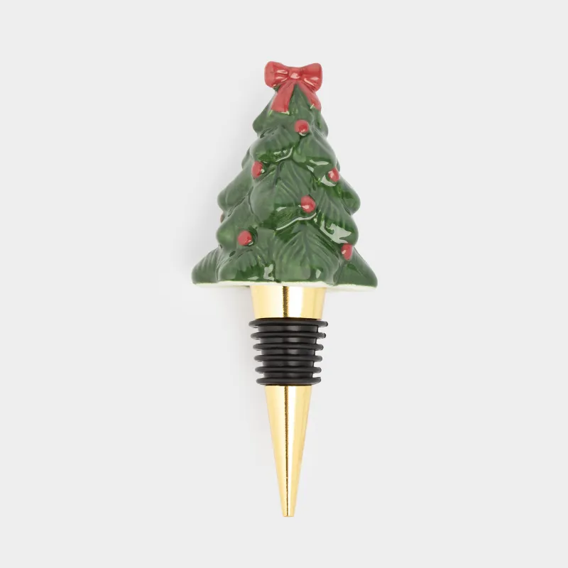 Wine bottle stopper, 12 cm, metal / ceramic, green, Spruce with bow, Christmas traditions