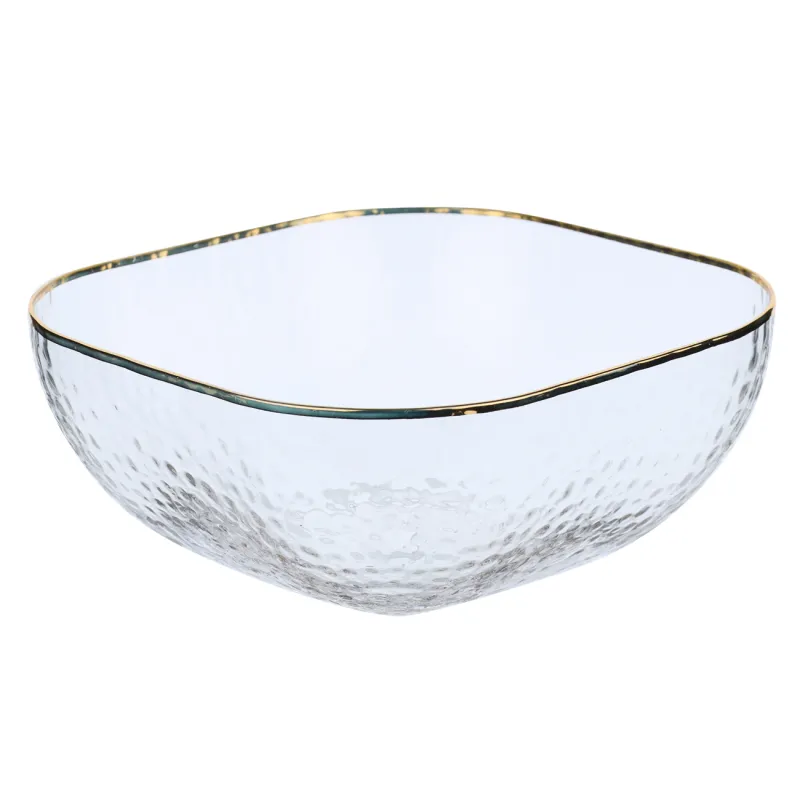 Salad bowl, 16x7 cm, glass, square, with golden edging, Ripply gold, image-1