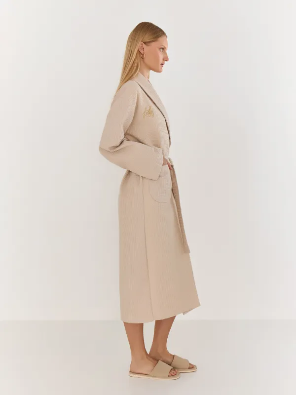 Women's robe, homewear, size S, with long sleeves, waffle, cotton, milky, Lucky, Stefani, image-4