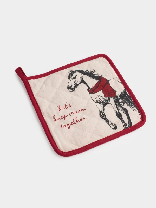 Potholder, 20x20 cm, cotton, grey-beige, Horse, Horse in scarf, image-1