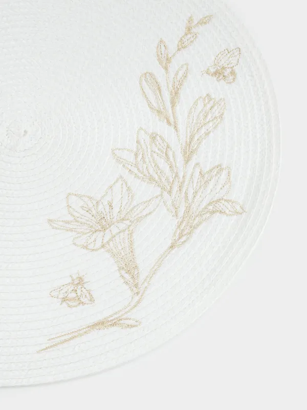 Placemat, 38 cm, polypropylene/PET, Round, Light grey, Flowers, Circle embroidery, image-2