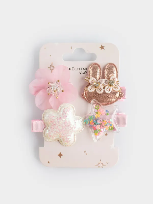 Elastic bands set for hair, 3 cm, 4 pcs, children's, polyester / plastic, pink, Rabbit, Gracile, image-3