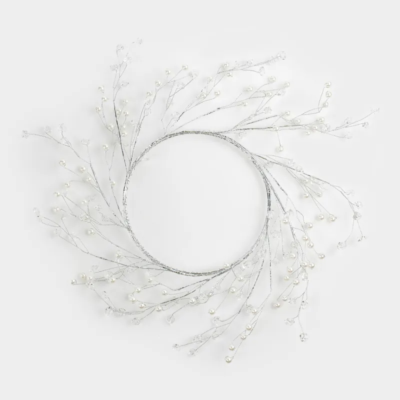 Decorative wreath, 15/30 cm, plastic / metal, Silver crystals with beads, Balls decor