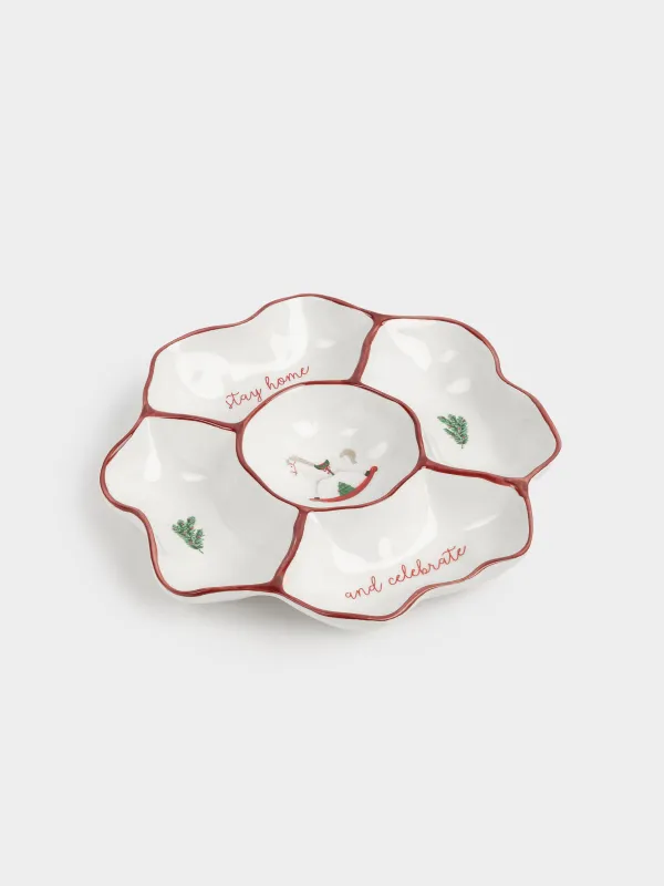 Divided plate, 25 cm, 5 compartments, ceramics, Horse and fir branches, Christmas tree, image-1