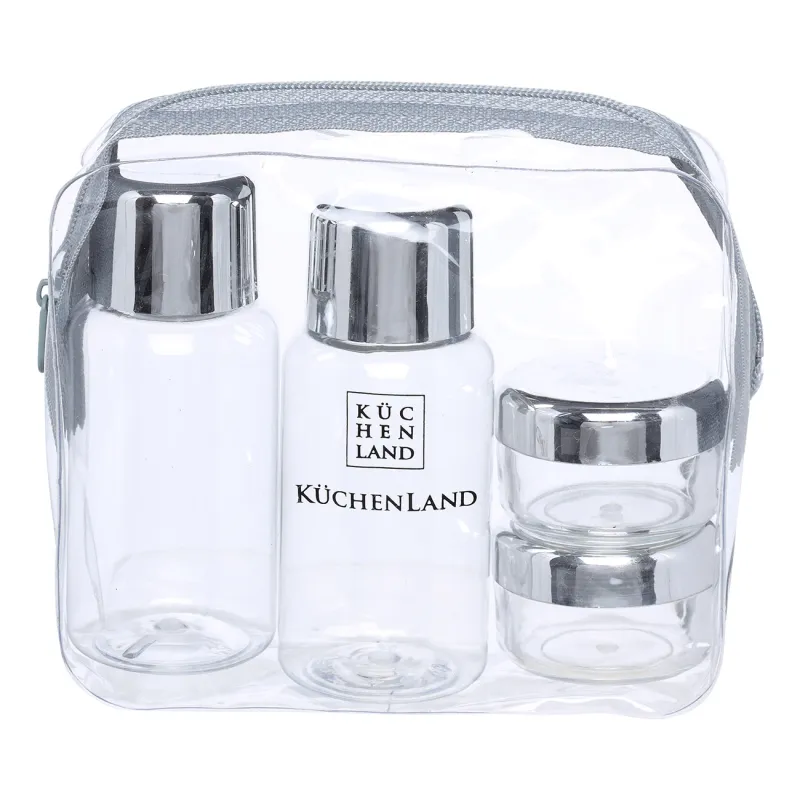 Travel Bottle/Jar set, 4 pcs, in cosmetic bag, Plastic, Silver, Basic, image-0
