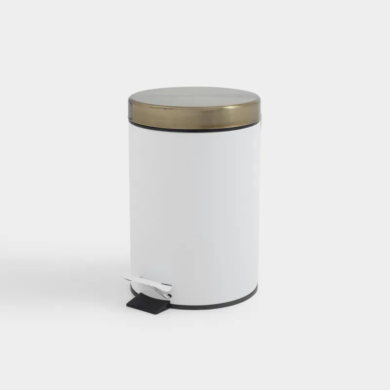 Trash can, 3 L, with pedal, metal, white and gold, Freya