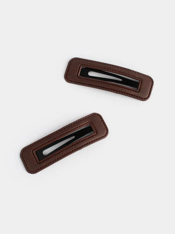Hair clip, 7 cm, 2 pcs, polyurethane / metal, brown, Geometry, Basic Leather, image-1