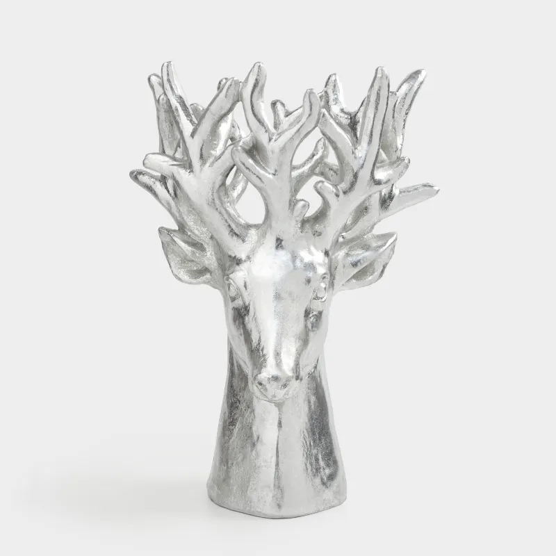 Decorative vase, 30 cm, polyresin, silver, Deer head, Deer sparks