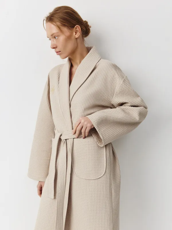 Women's robe, homewear, size L, with long sleeves, waffle, cotton, milky, Lucky, Stefani, image-0