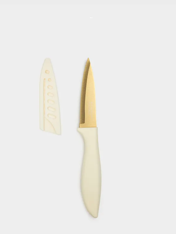 Paring knife, 9 cm, with case, steel / plastic, milky gold, Regular gold, image-0