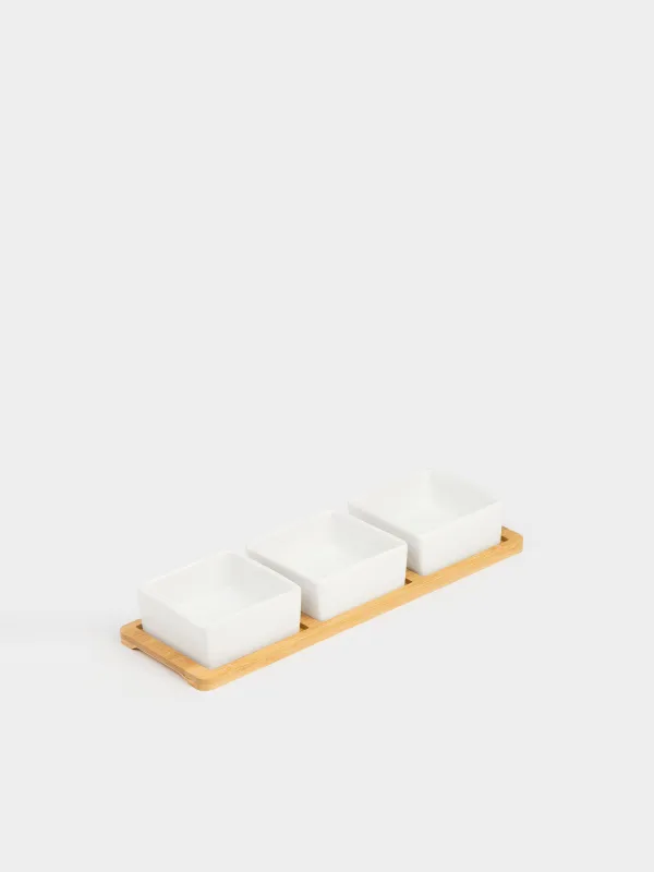 Snack set, 3 items, on a stand, ceramic / bamboo, square bowls, Bamboo, image-0