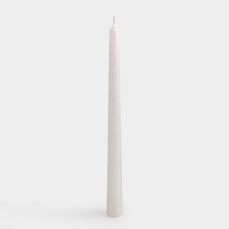Candle, 25 cm, thin, with glitter, white, Sparkly candle