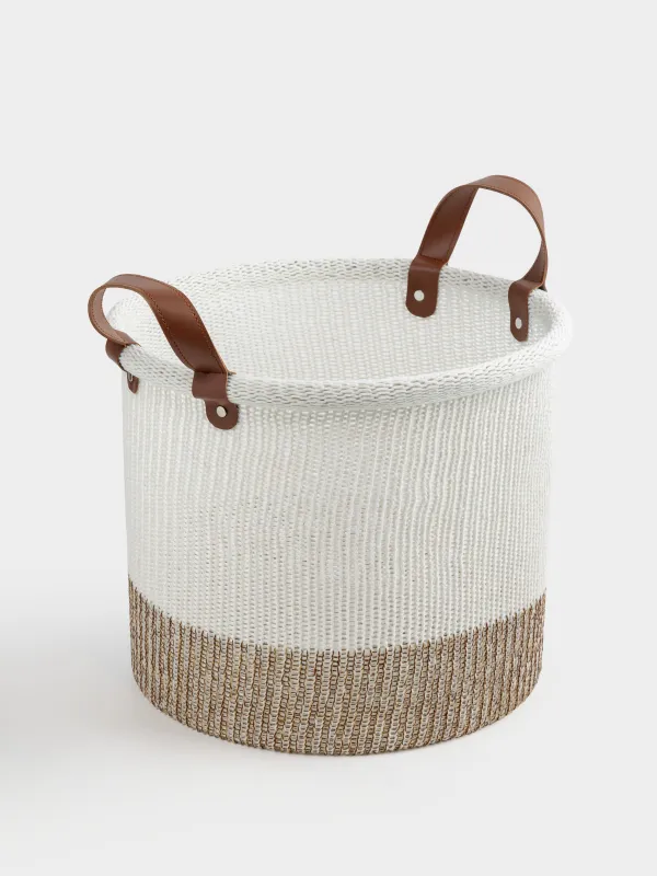Laundry storage bag, 32x28 cm, with handles, polyester, Round, milky beige, Crochet, image-1