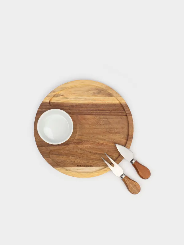 Cheese set, 4 pcs, dish board/bowl, steel / ceramic / wood, Circle, Noble tree, image-2
