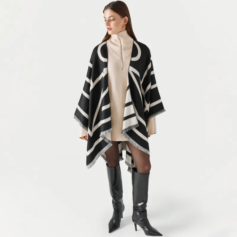 Poncho, 130x160 cm, with fringe, double-sided, viscose / polyester, milky black, poncho