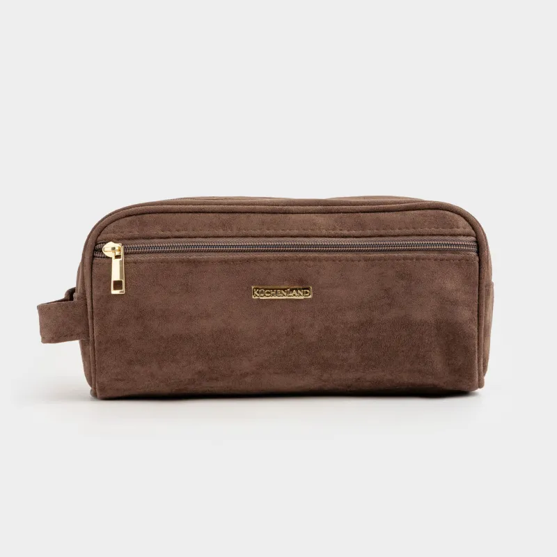 Makeup bag, 27x13 cm, with handle, faux suede, brown, Beauty suede