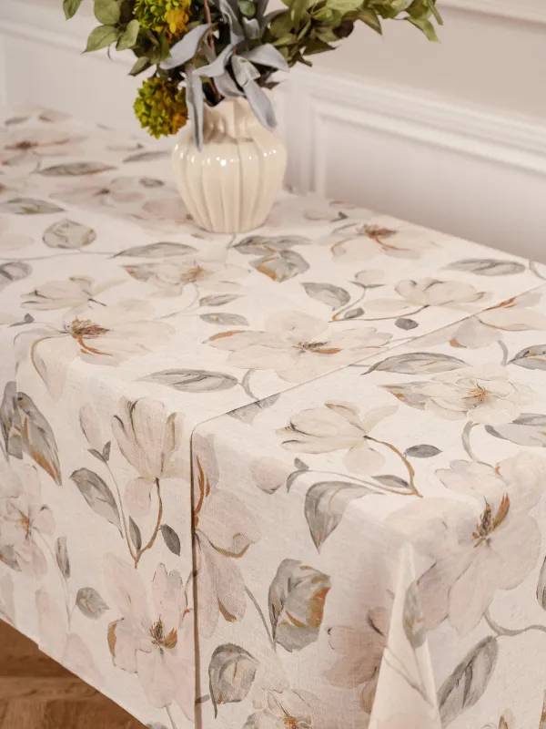 Table runner, 40x160 cm, polyester / linen, milky yellow, Flowers, Flowery flax, image-8