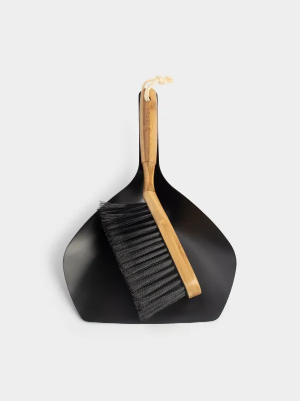 Garbage brush, with dustpan, 33 cm, plastic / bamboo / steel, black, Black clean, image-0