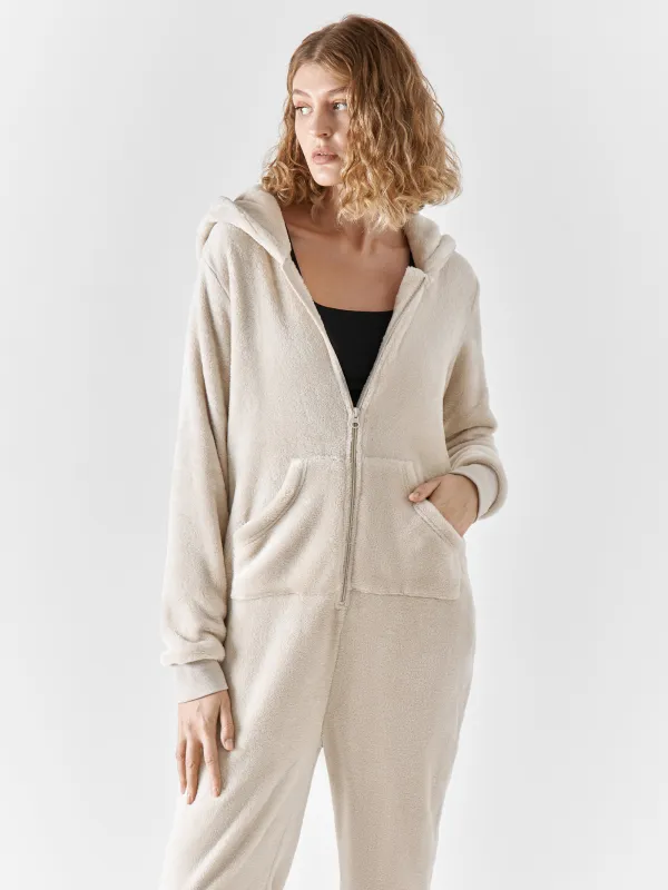 Women's jumpsuit, homewear, size S, with a hood, fleece, grey, Cat, Annie, image-1