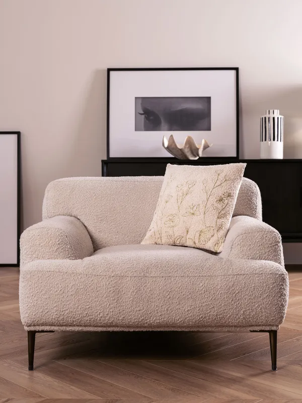 Decorative pillow, 45x45 cm, boucle/velvet, milky, wildflowers, Boucle, image-2