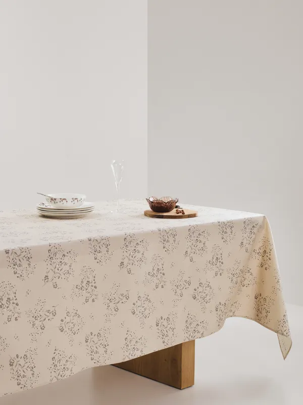 Tablecloth, 160x160 cm, PU coated, polyester / viscose / linen, beige, Branches with flowers, Branches, image-6