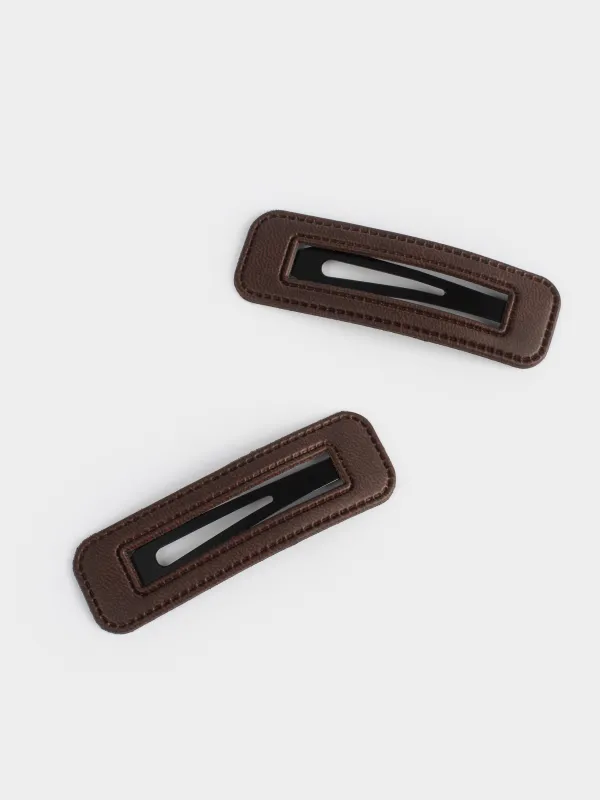 Hair clip, 7 cm, 2 pcs, polyurethane / metal, brown, Geometry, Basic Leather, image-1