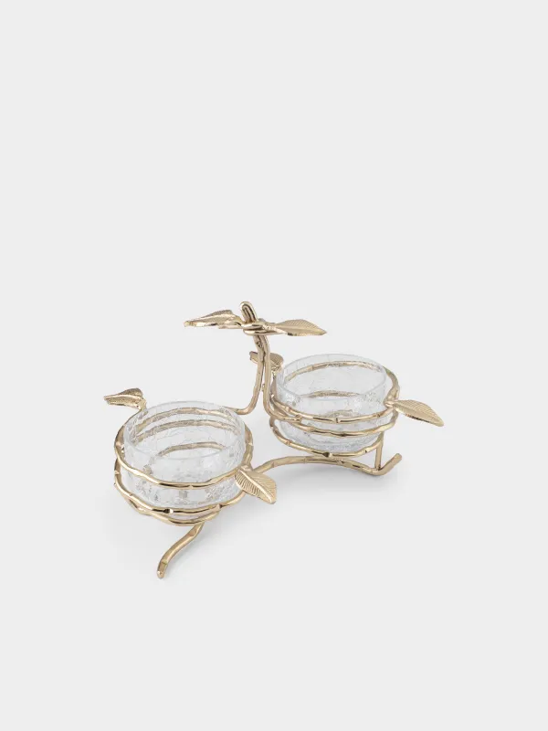 Snack stand, 26x16 cm, 2 pr, on stand, with handle, glass / metal, Branches, Fantastic gold, image-1