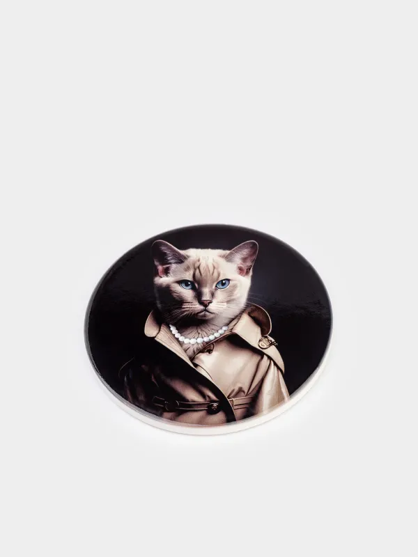 Mug stand, 11 cm, ceramic / cork, round, Cat in coat, On style, image-1