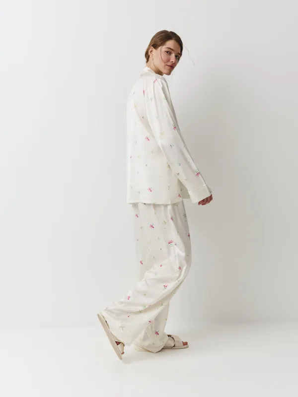 Women's trousers, homewear, size L, polyester, milky, Flowers, Sevilla, image-2