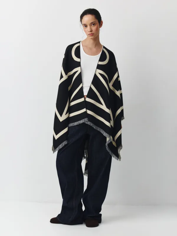 Poncho, 130x160 cm, with fringe, double-sided, viscose / polyester, milky black, poncho, image-1