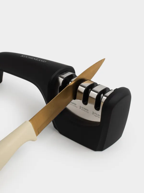 Knife sharpener, 21 cm, 3 stages/4 types of sharpening, plastic / ceramic, black, Liberica, image-4