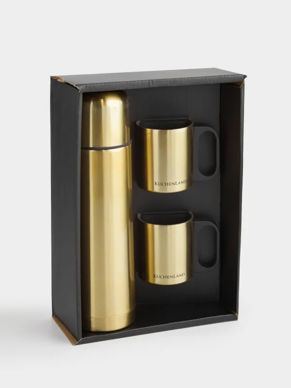 Set for drinks, 2 persons, 3 items, travel, thermos 750 ml, steel / plastic, golden, Classic gold, image-6