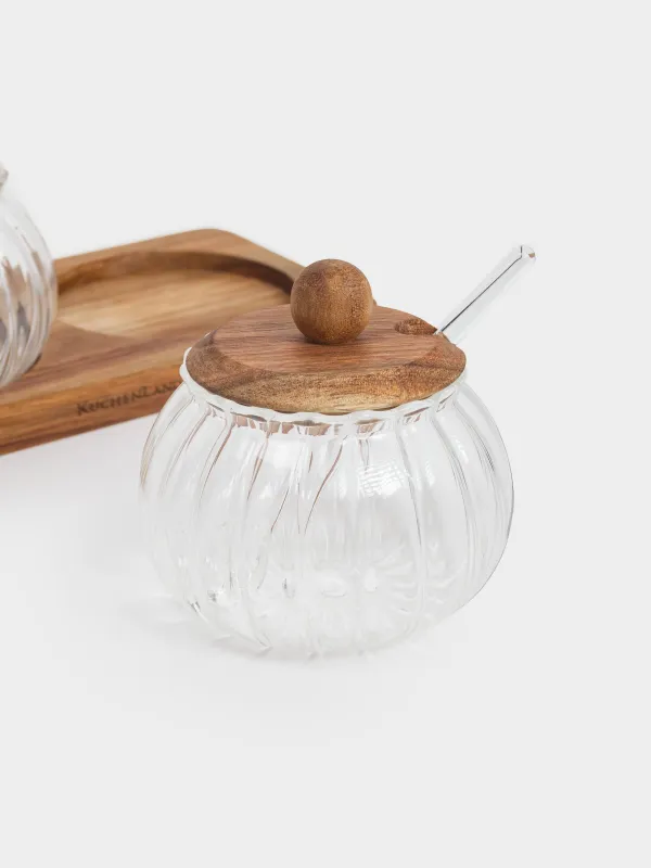 Jam bowl, 300 ml, 2 pcs, with spoon, on stand, glass / wood, Noble tree, image-3