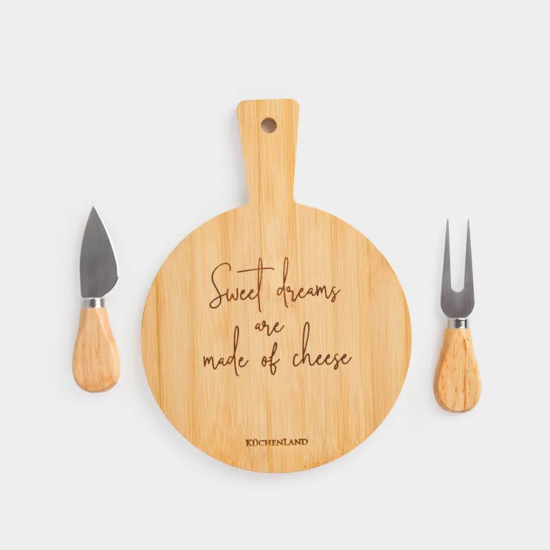 Cheese set, 3 items, dish board with handle, bamboo / steel, round, Cheese, bamboo, image-1