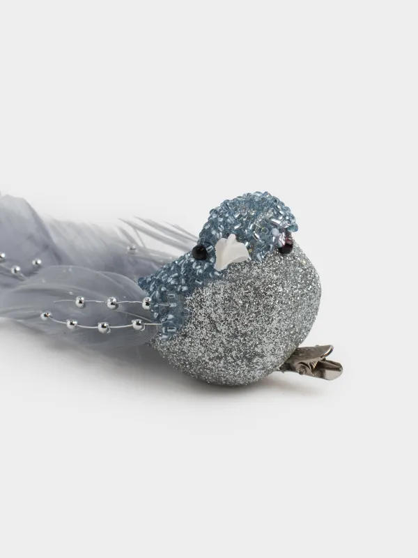 Decorative ornament, 19 cm, clip - on, foam/feather, silver, Bird, Birds NY, image-2