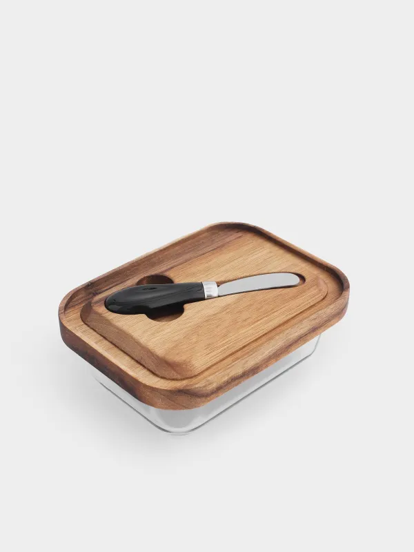 Butter dish, 18 cm, with knife, wood/glass / steel, rectangular, Noble tree, image-2