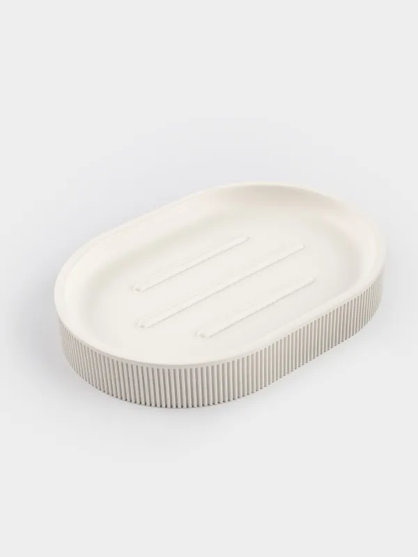 Soap dish, 13x10 cm, polyresin, oval, milky, White stripes, image-1
