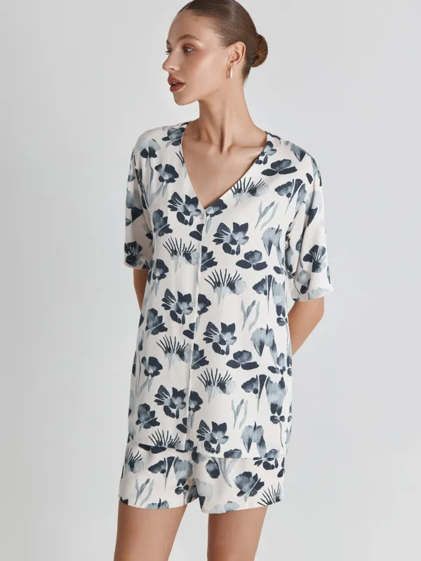 Women's shirt, home, size S, short sleeve, viscose, milk, Blue flowers, Telia, image-1