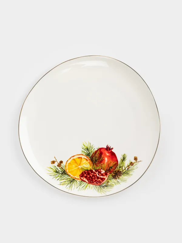 Dinner plate, 28 cm, porcelain N, white, with golden edging, Pomegranates and orange, Christmas miracle, image-0