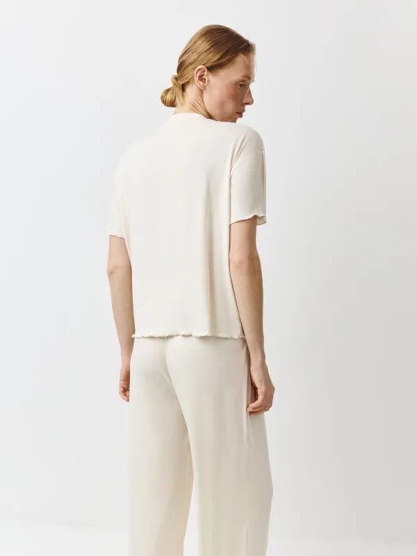 Women's T-shirt, homewear, size S, ruffle, modal / spandex, milky, Rosemary, image-3