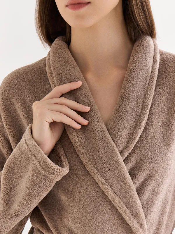 Women's robe, homewear, size S/M, Long sleeve, polyester, mocha, Drew, image-2