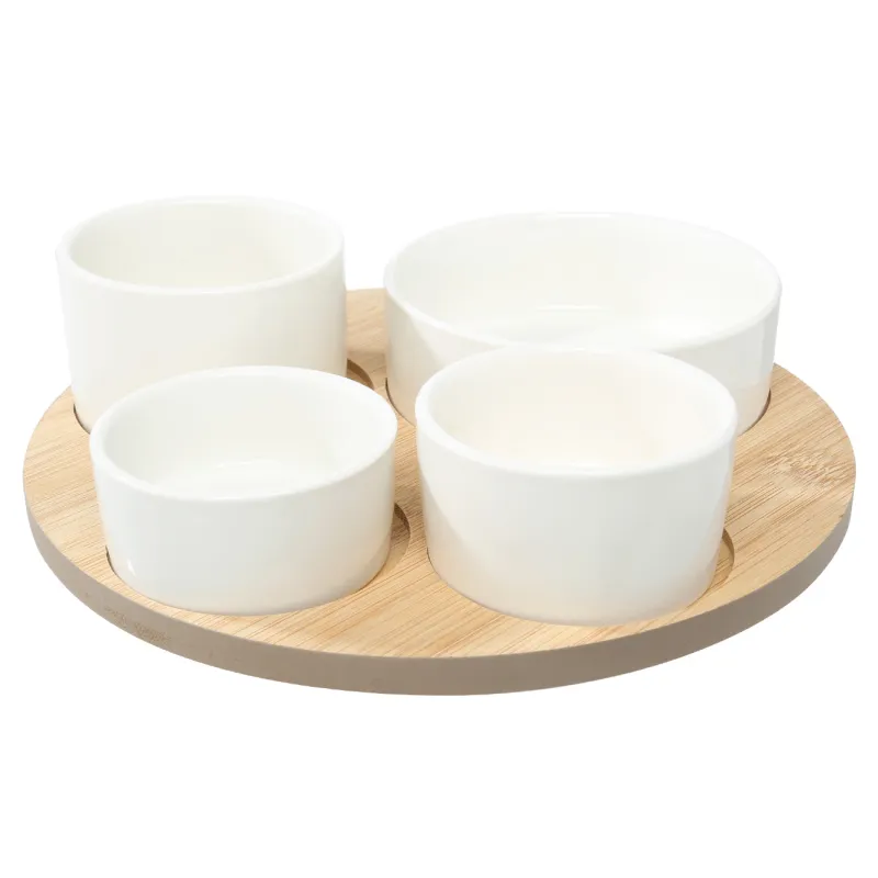 Snack set, 4 pcs, on a stand, ceramic / bamboo, white, round bowls, Bamboo