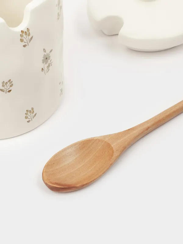 Sugar bowl, 11 cm, 370 ml, with spoon, ceramic / wood, milk, Vintage flowers, La flore, image-4