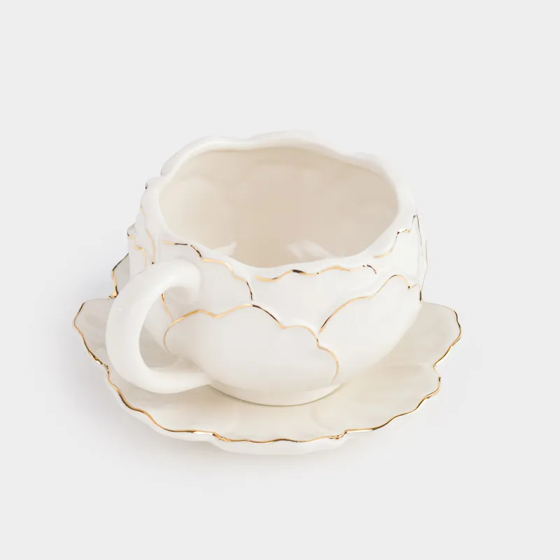 Breakfast tea pair, 1 person, 2 items, 450 ml, porcelain P, milky golden, Peony, Bloome, image-1