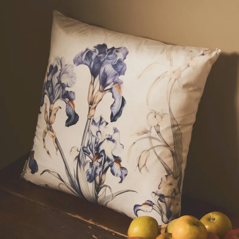 Decorative pillow, 45x45 cm, velvet, milky, Irises, Iris garden