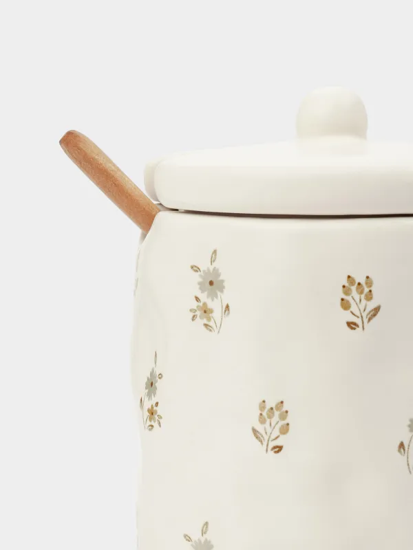 Sugar bowl, 11 cm, 370 ml, with spoon, ceramic / wood, milk, Vintage flowers, La flore, image-4